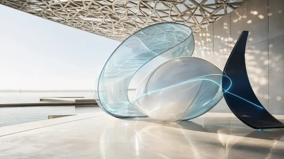 Glass pearl sculpture beneath a latticed canopy in Abu Dhabi
